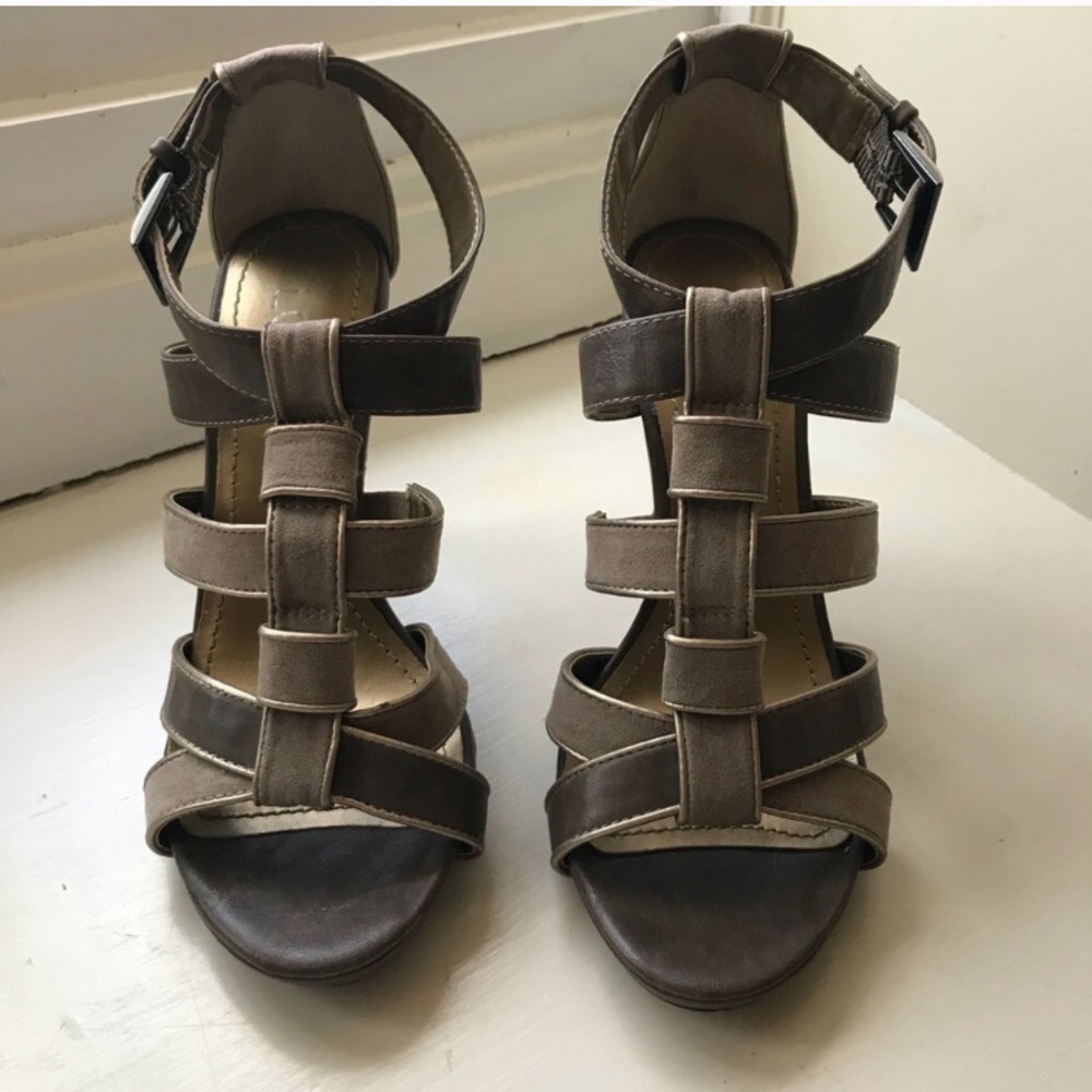 LOFT Leather & Suede Strappy Heels in Brown/Taupe - Picture 3 of 7